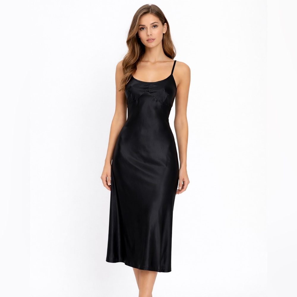 Comrags Vintage 90s Black Satin Slip Dress Canadian Minimalist Bias Cut Medium